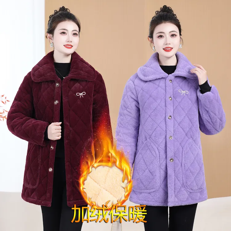 加厚纯色纽扣中老年女装加绒冬季新款妈妈棉服外套保暖棉衣罩衣