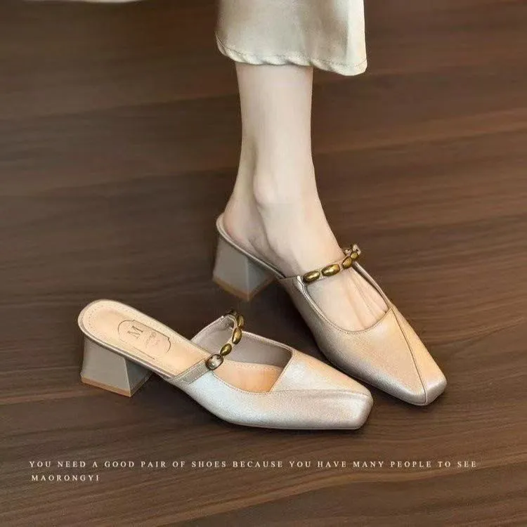 新款秋季无后跟方头穆勒鞋包头凉拖鞋女外穿粗跟半拖单鞋百搭潮流