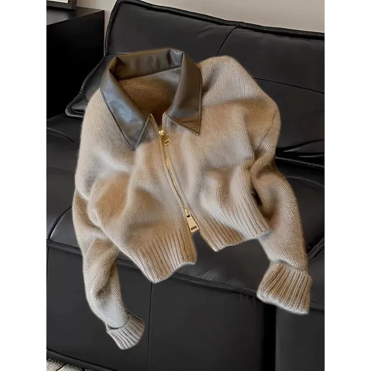高级感POLO领拼接针织开衫双头拉链慵懒风毛衣外套女