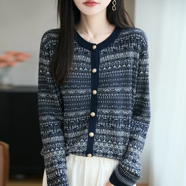 品牌针织衫百搭提花宽松复古青花瓷开衫针织衫春秋提花女装