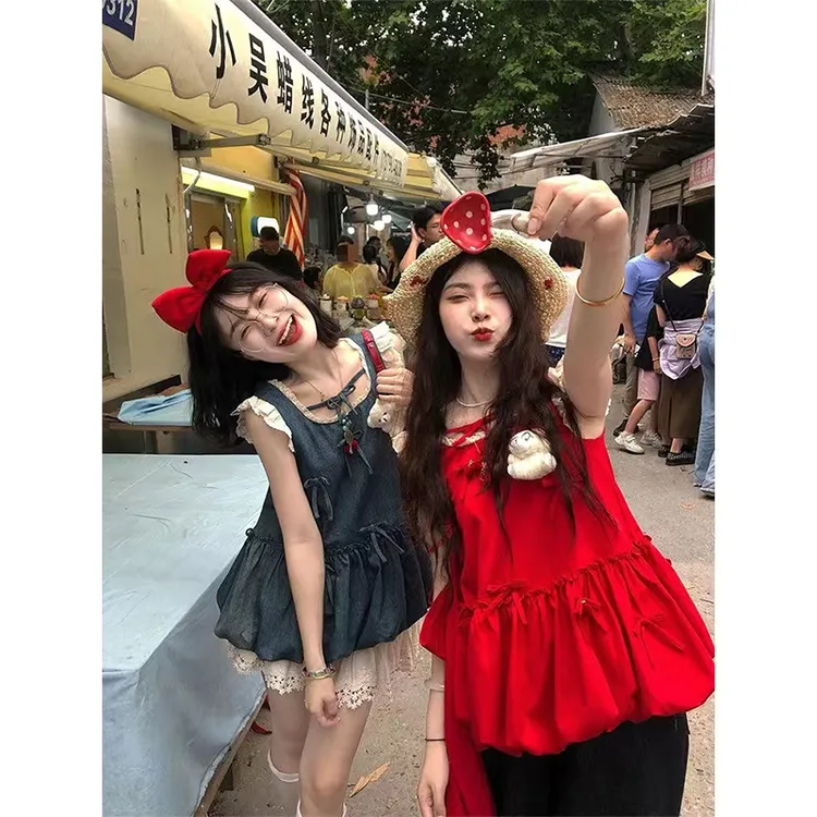 甜美少女无袖拼接花苞上衣 +女学生高级感蕾丝拼接半身裙时尚套装