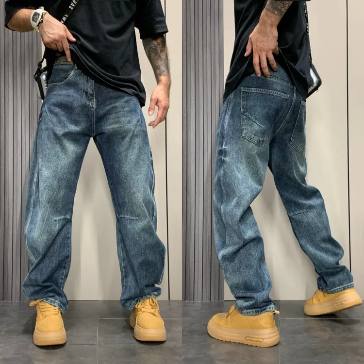 美式复古弯刀牛仔裤秋季男款潮牌潮流设计感宽松百搭直筒阔腿长裤