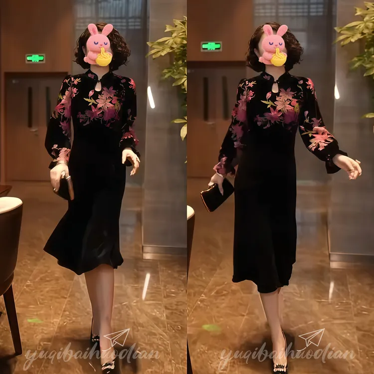 新款2025复古轻熟风旗袍裙印花拼色性感气质显瘦连衣裙女