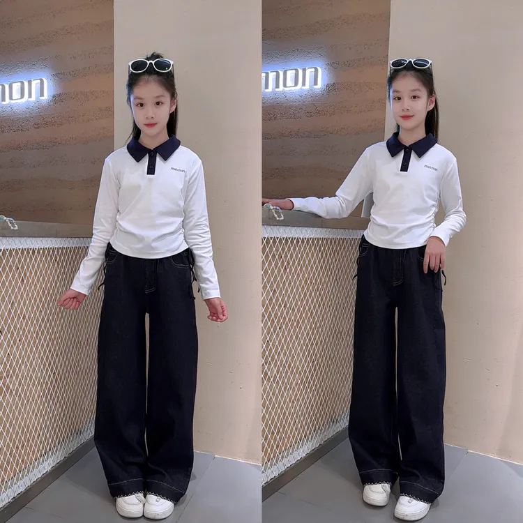 女童套装秋款2025新款时尚中大童纯色直筒牛仔裤韩版抽绳长袖上衣
