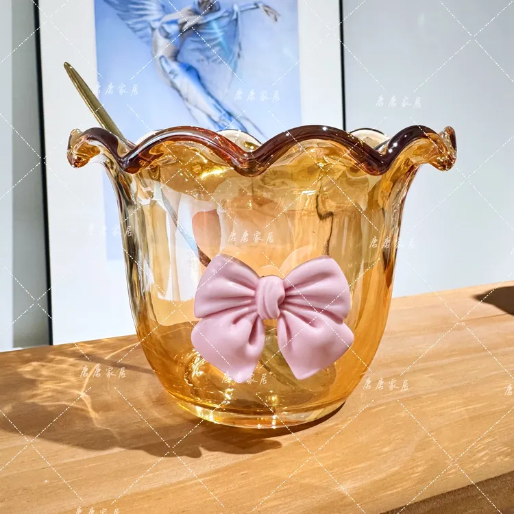轻奢法式玻璃碗蝴蝶结沙拉碗冰淇淋甜品碗玻璃水杯牛奶豆浆燕麦杯