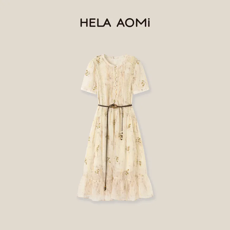 HELA AOMI原创-"金枝玉叶"盘扣印花拼接麻花针织连衣裙CY6BC75462