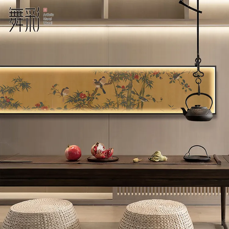 直播宋代美学窄长条画新款中式花鸟挂画酒店茶室书房装饰画灯画横