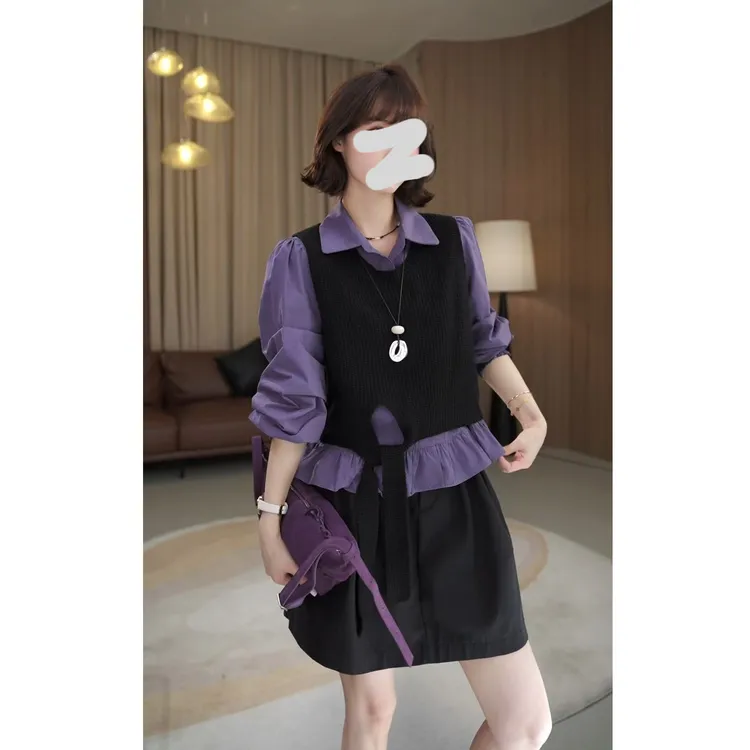 设计感POLO领长袖衬衫绑带针织马甲两件套显瘦裙裤半裙套装S11182