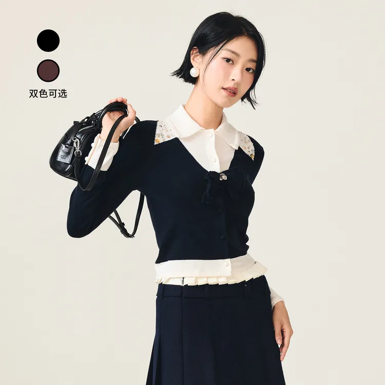 【王子璇同款】lefame拉飞姆2025冬季新款撞色拼接针织上衣