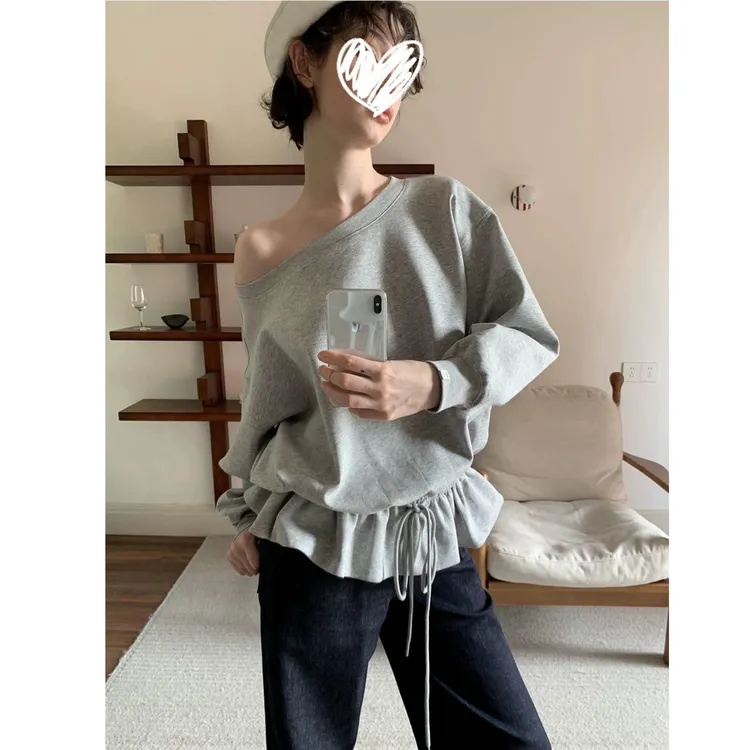 灰色一字肩卫衣女秋季新款宽松简约通勤拼接抽绳下摆上衣#Y8863