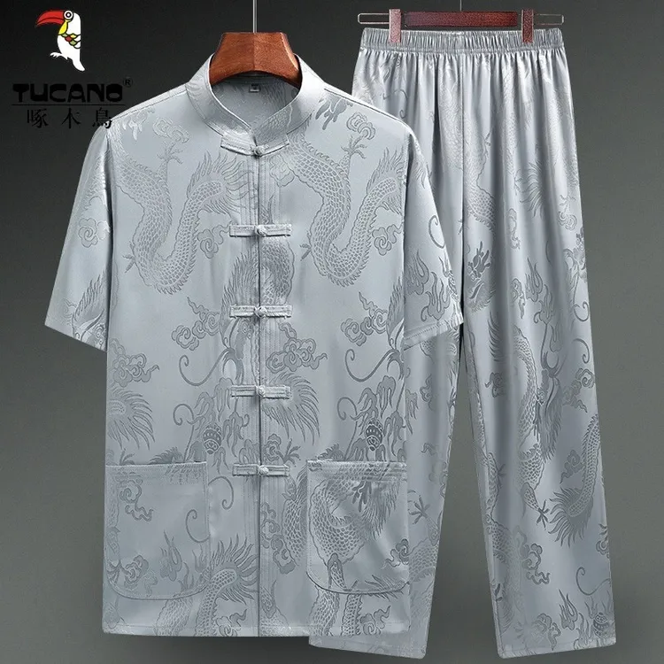 啄木鸟中老年唐装男爸爸夏装薄款短袖套装爷爷衣服中国风冰丝衬衫