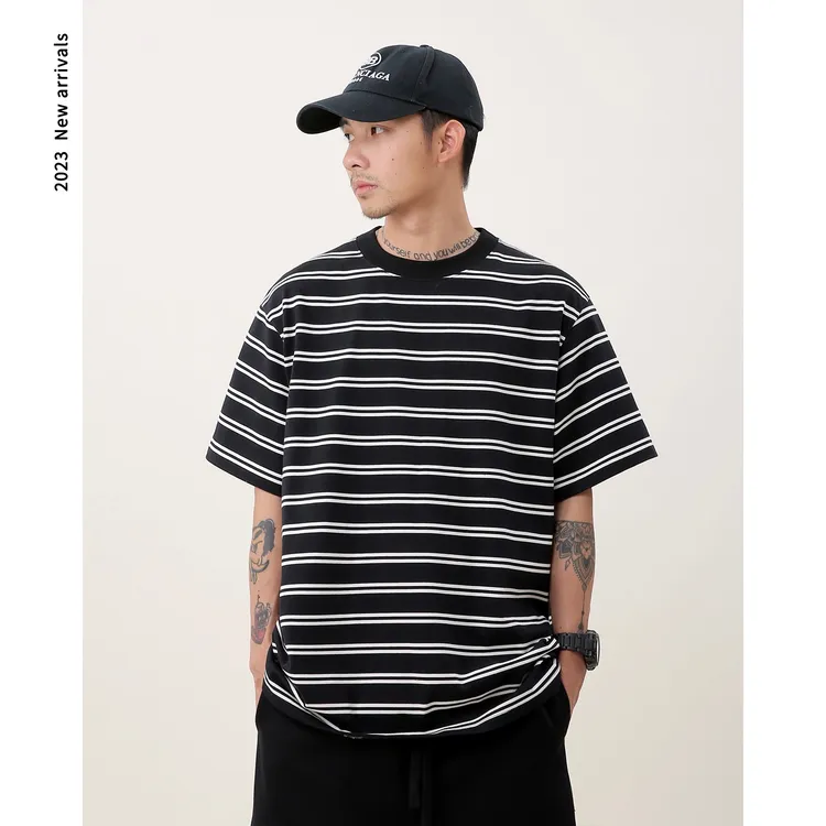 老颜男装夏季条纹短袖t恤潮牌日系重磅领口情侣半袖体恤宽松百搭