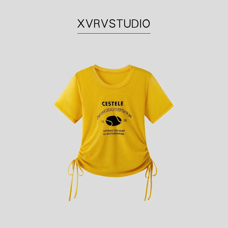 XVRV夏季抽绳款网纱运动短袖健身跳操户外百搭显瘦T恤上衣