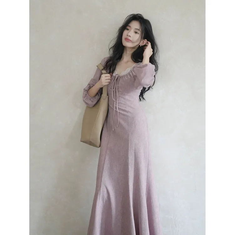 【雾芙】国风新中式收腰蕾丝U领茶歇长袖连衣裙秋季新款气质长裙