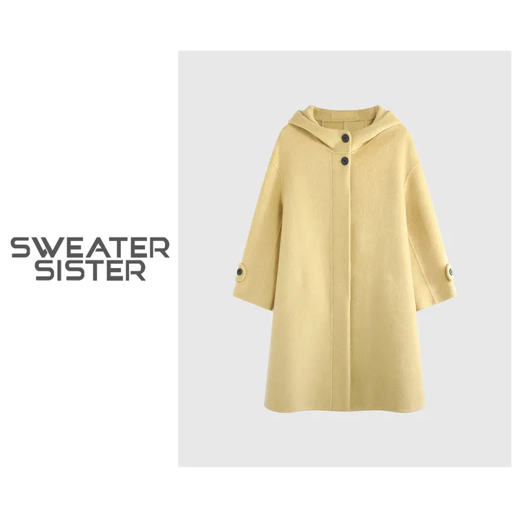 韩版连帽双面呢大衣秋冬高级感羊毛毛呢外套女5180-25918