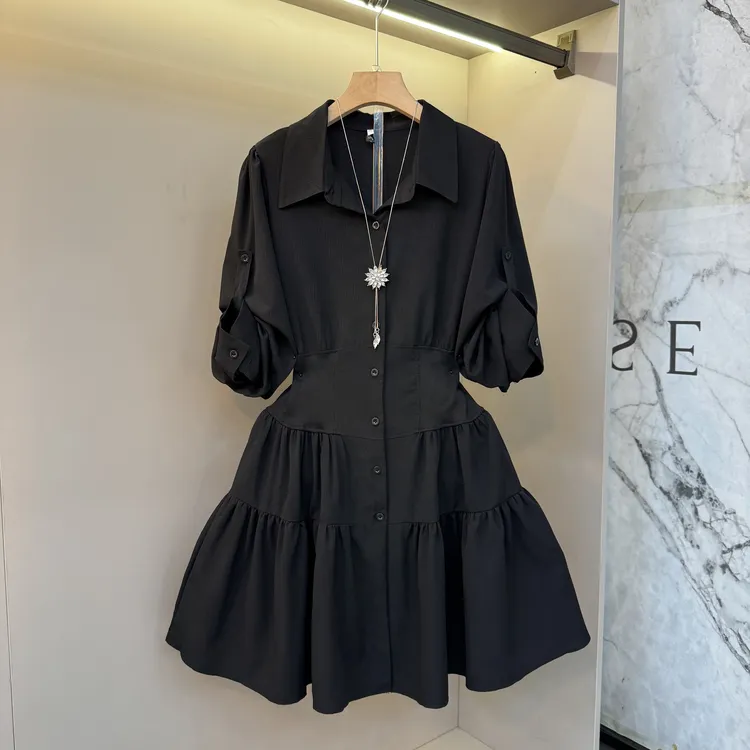 大码女装胖半松紧腰衬衫绑带束腰设计气质翻领百搭显瘦连衣裙2521
