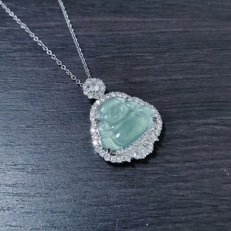 天然a货翡翠佛公吊坠女款项链时尚玉坠银镶嵌冰种蓝水玉石挂件