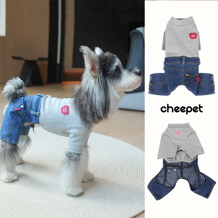cheepet/趣派宠物衣服秋冬经典牛仔有袖拼接两腿打底衫