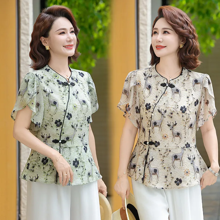 时尚中年妈妈夏装短袖新中式T恤上衣中老年女装夏季洋气国风小衫