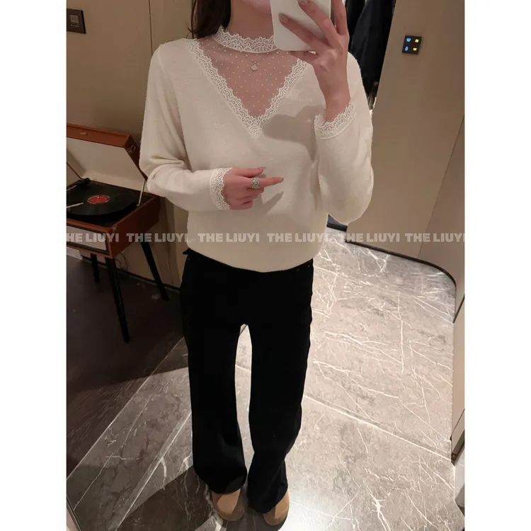 【LIUYI】韩系波点蕾丝拼接全羊毛针织毛衣511293