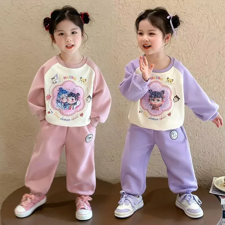 女童哪吒卫衣套装新款儿童春秋女孩翻转亮片变色上衣亮灯卫裤子