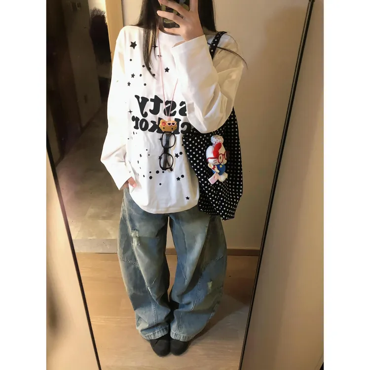 YWBY美式复古宽松长袖t恤女秋季新款设计感小众慵懒风打底衫上衣