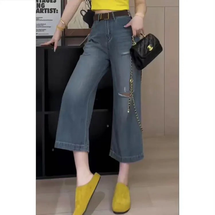 艾塔莉轻熟风夏季薄款牛仔裤女修身百搭通勤阔腿裤破洞复古直筒裤