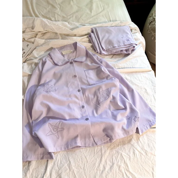 温柔紫色星星贝壳长袖睡衣女2025春秋新款宽松开衫长裤家居服套装
