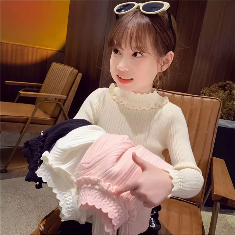 女童秋冬爆款花边领针织打底毛衣中小童洋气可爱百搭针织打底上衣