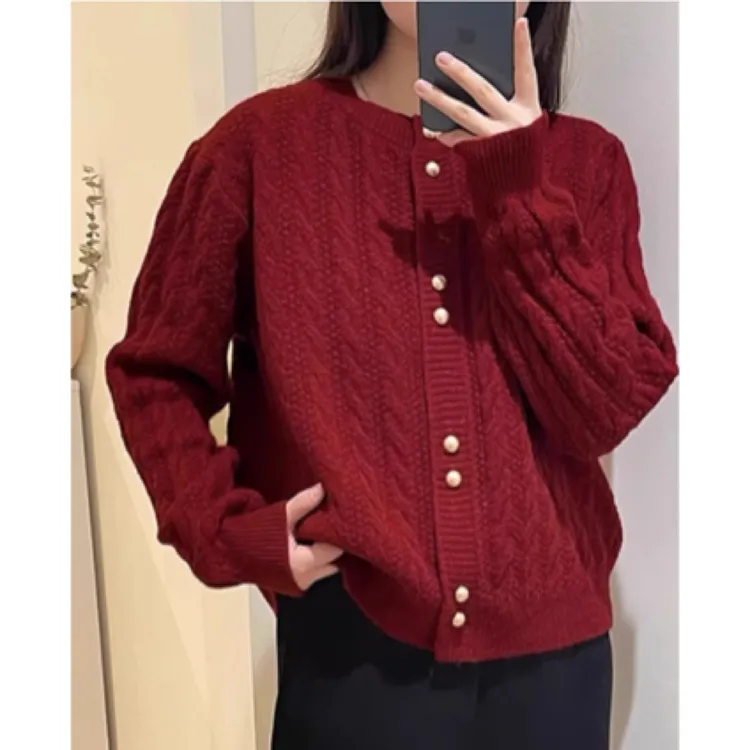 新年红色毛衣韩版复古麻花圆领珍珠扣针织开衫女春秋新款百搭外套
