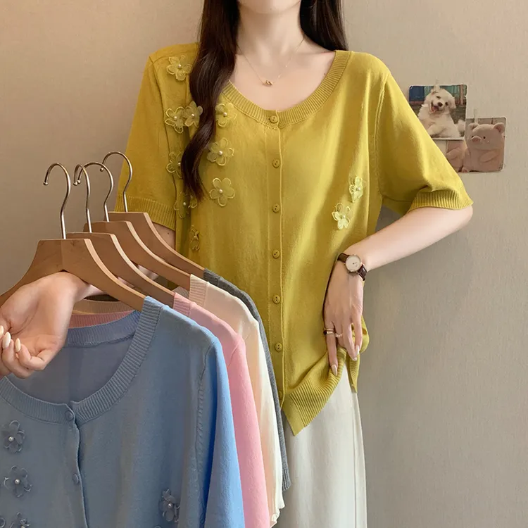 大码女装2025夏装新款设计感针织开衫上衣显瘦冰丝短袖T恤50006