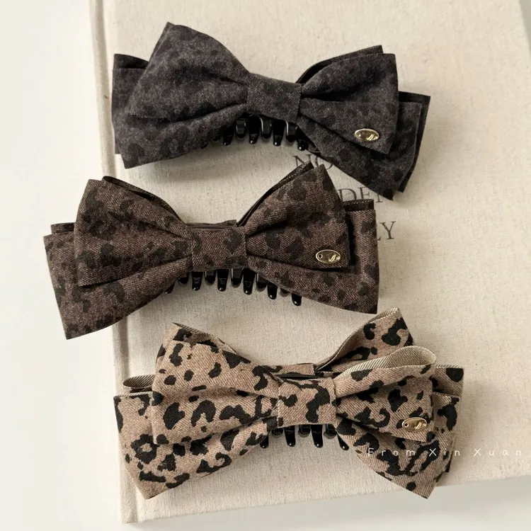 韩系复古美拉德色系豹纹蝴蝶结香蕉夹女秋冬高级感马尾夹发饰头饰
