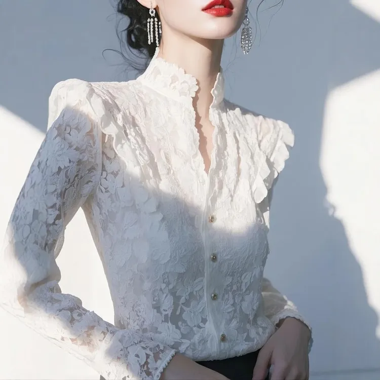 今年爆款白色立领蕾丝长袖衬衫女款外穿2025春秋内搭法式收腰上衣