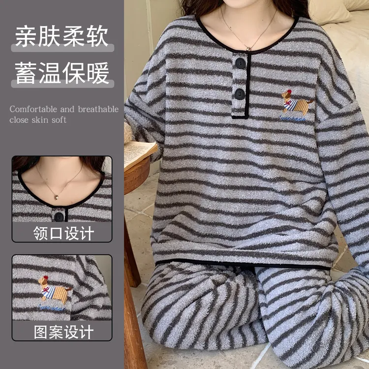 加厚加绒半边绒珊瑚绒秋冬季睡衣女款爆款2025新款保暖家居服套装