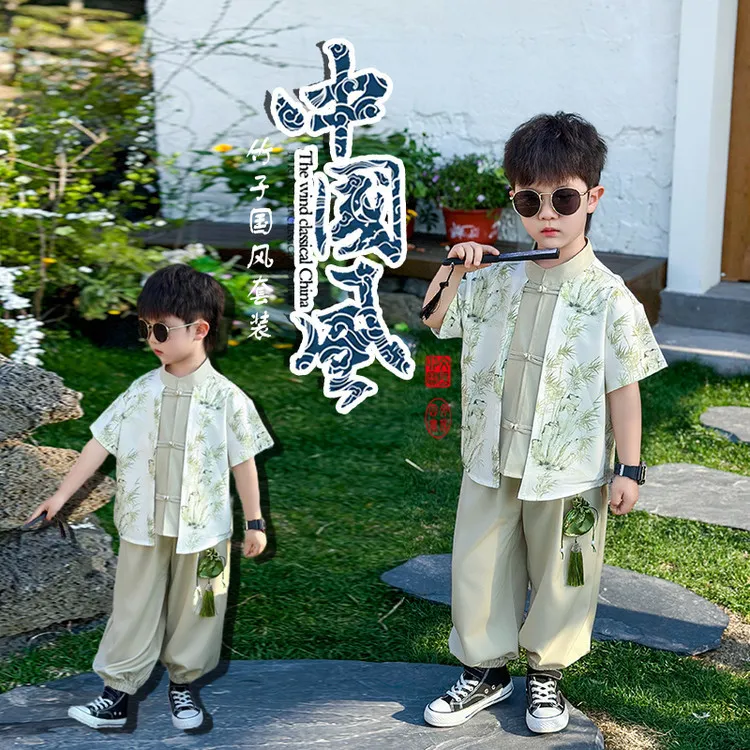 夏季新款男童竹风短袖两件套汉服表演服幼儿休闲中小童