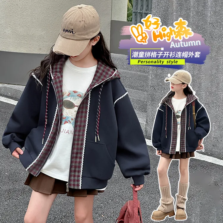 中大童8-15袖女童装儿童外套女童外套秋冬外穿格子宽松洋气学院风