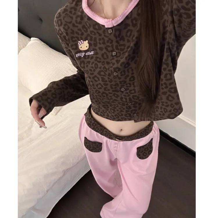 美式辣妹甜酷豹纹黑皮KT猫印花可外穿女秋季新款家居服套装