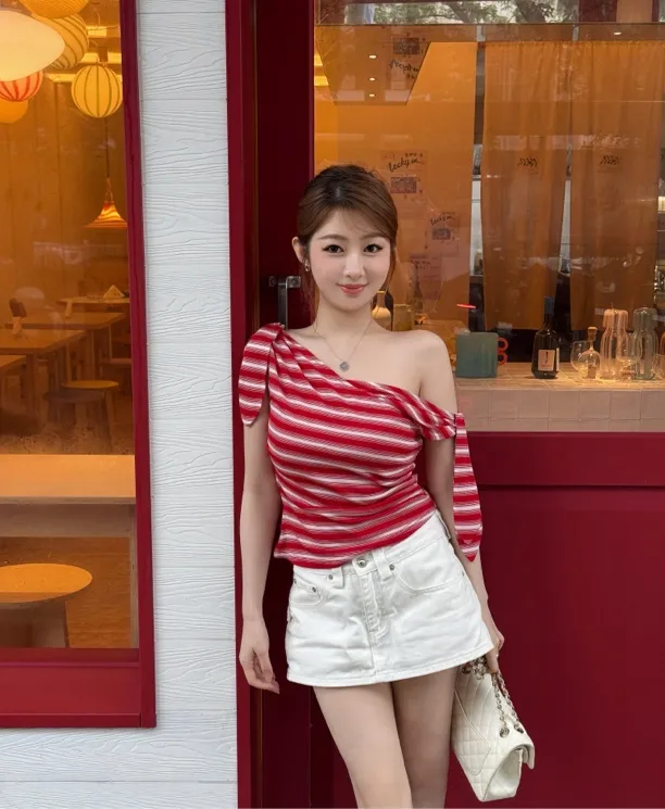 【现】微胖天菜短款宽松型通勤条纹T夏季修身显瘦