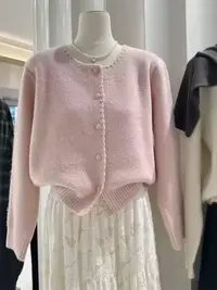 秋冬新款韩系重工手工勾花小香风圆领毛衣开衫