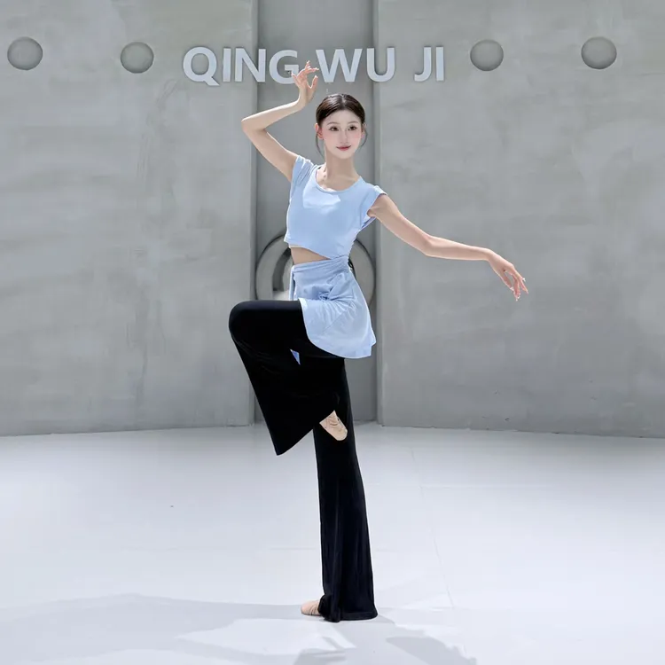 现代舞身韵短袖芭蕾拉丁绑带假两件上衣中国古典舞蹈形体练功服女