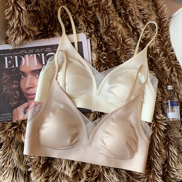 提未苏缎面网纱兔耳朵杯内衣女裸感透气大胸显小显瘦防下垂文胸罩