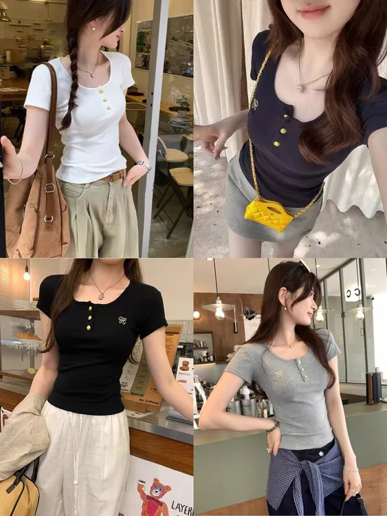 夏季纯色方领通勤U型领圆领短袖T恤性感复古显瘦气质时尚收腰修身