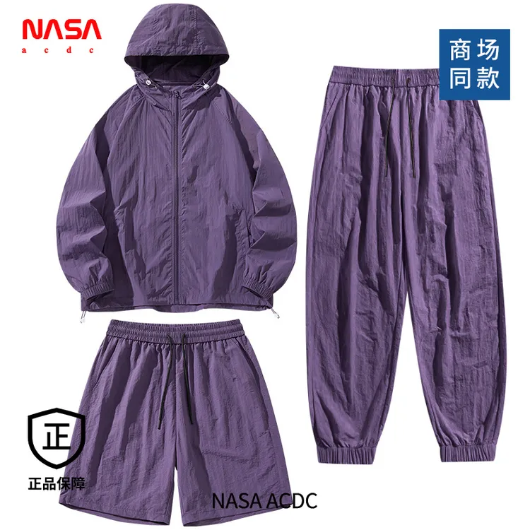 NASA ACDC情侣户外运动休闲连帽套装男女夏季新款皮肤衣三件套潮