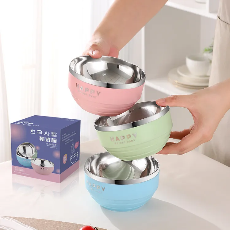 【3个装】不锈钢（口径12cm）马卡龙双层防烫碗拉面碗家用碗饭碗汤碗