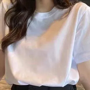 100%纯棉短袖t恤女士2025新款夏季白色圆领T恤纯色内搭衣上衣服