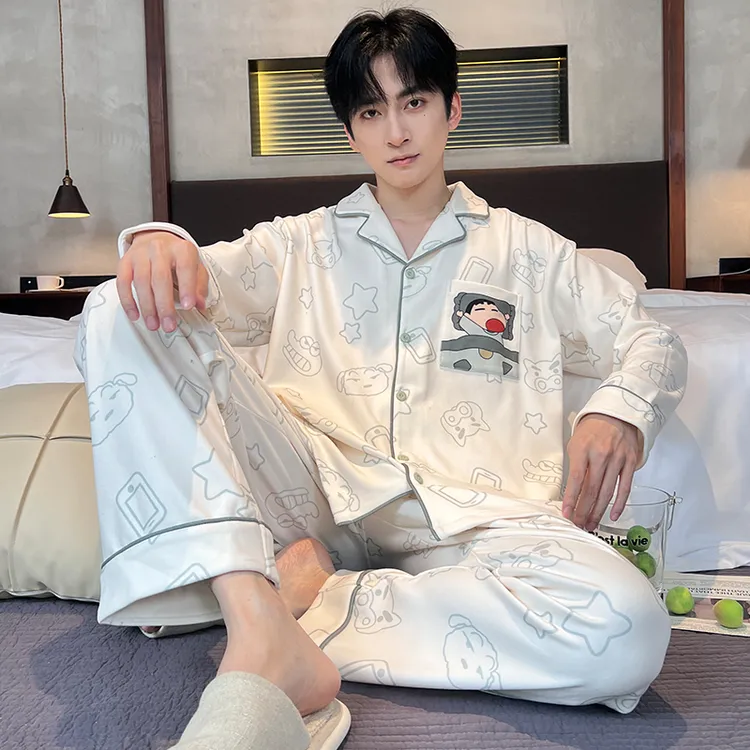 新款开衫翻领男士德绒睡衣长袖春秋双面保暖休闲卡通学生家居套装