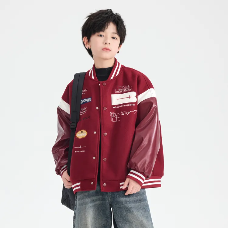 男童冬季红色呢子拼接皮衣棒球棉服2025新款儿童男孩加厚夹棉外套