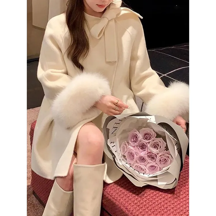 富家千金斗篷双面羊绒大衣女狐狸毛小个子高级感小香风羊毛呢外套