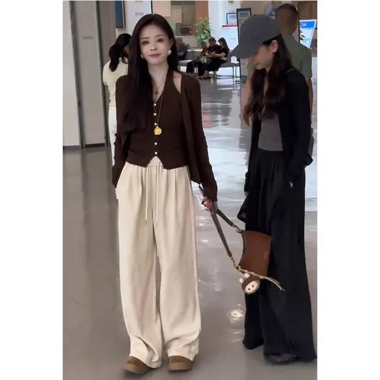 韩版显瘦纯欲风气质挂脖背心长袖针织开衫慵懒感休闲裤子三件套装