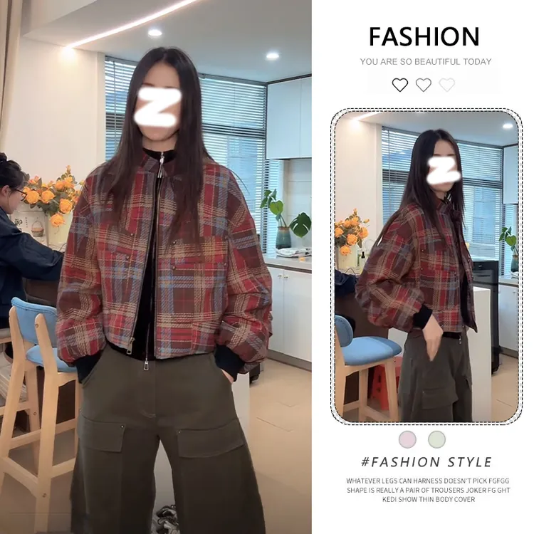 美式潮牌格子外套女2025秋冬新款加绒加厚复古风开衫外搭工装夹克